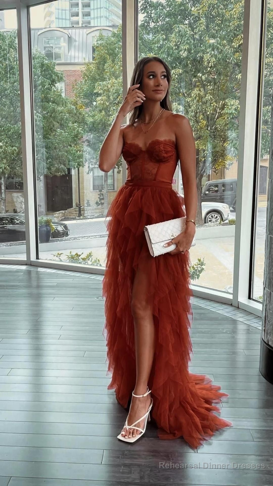 Rust Red Sweetheart High Low Tiered Formal Dress,Tulle Long Evening Prom Dresses Main image