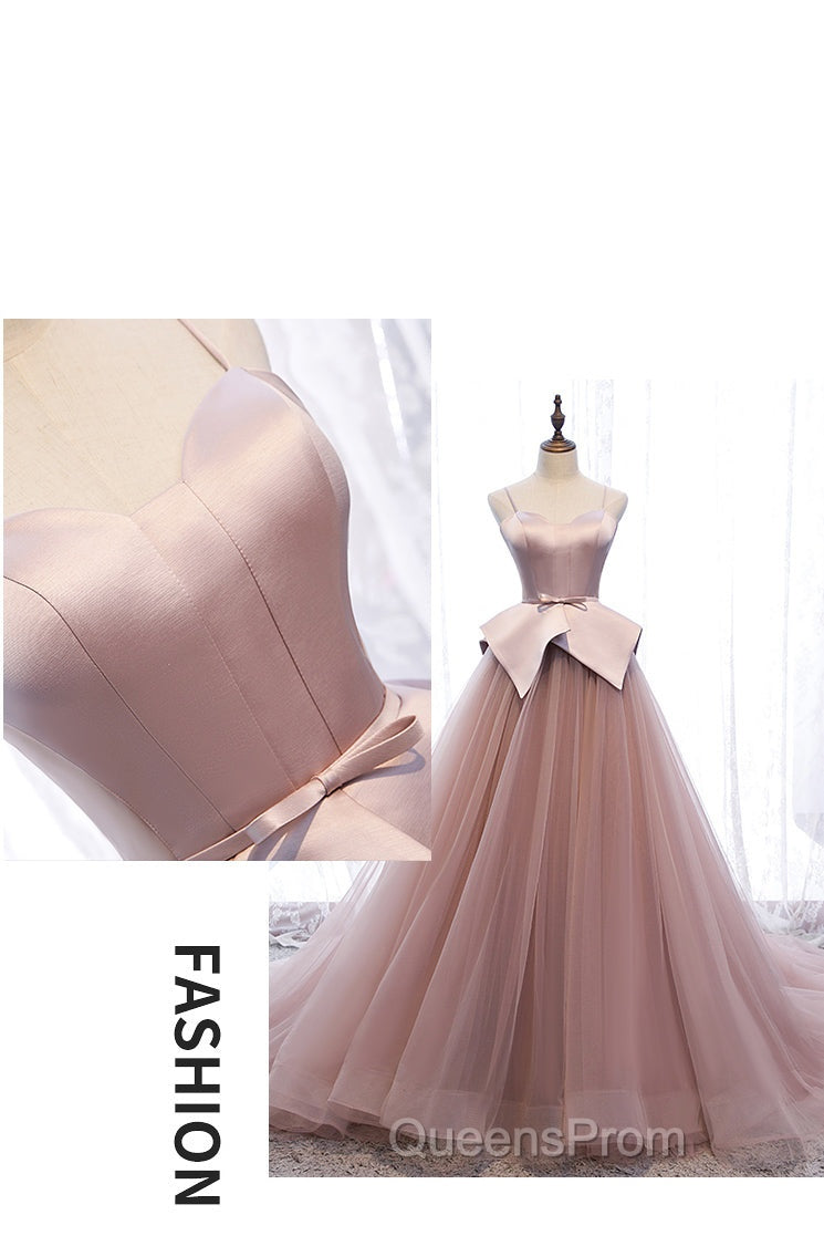 Pink Spaghetti Straps Tulle Long Formal Evening Prom Dress, Unique Long Wedding Dess
