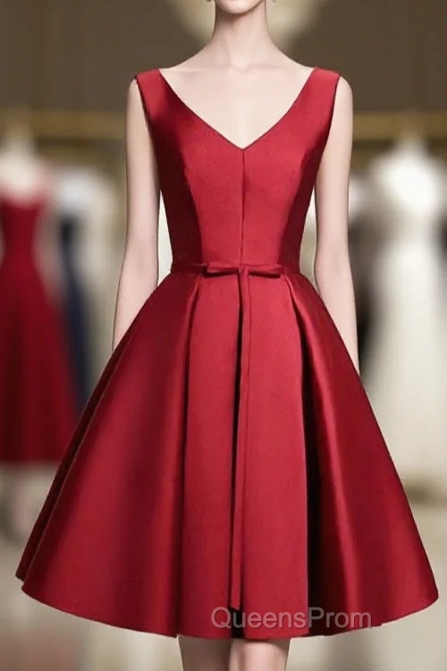 Simple Burgundy Satin V Neck Short Evening Prom Dress, Evening Dress Main image