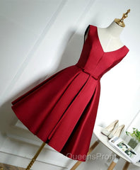 Simple Burgundy Satin V Neck Short Evening Prom Dress, Evening Dress
