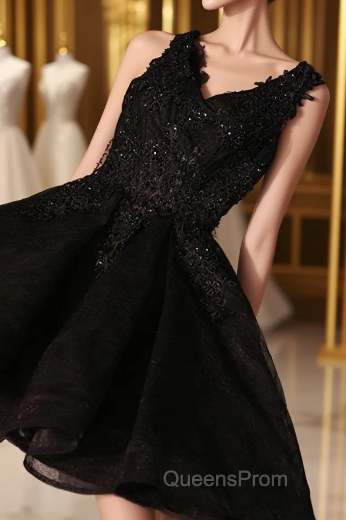 Black V Neck Lace Short Evening Prom Dress, Homecoming Dress, Homecoming Dress Main image