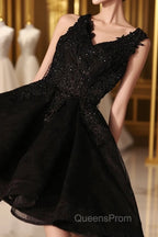Black V Neck Lace Short Evening Prom Dress, Homecoming Dress, Homecoming Dress