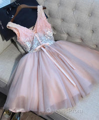 Cute Pink V Neck Tulle Seqsuins Short Evening Prom Dress, Cocktail Dress