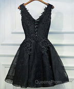 Black V Neck Lace Short Evening Prom Dress, Homecoming Dress, Homecoming Dress