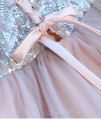Cute Pink V Neck Tulle Seqsuins Short Evening Prom Dress, Cocktail Dress