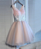 Cute Pink V Neck Tulle Seqsuins Short Evening Prom Dress, Cocktail Dress