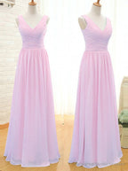 Simple A-Line V Neck Floor Length Pink Chiffon Bridesmaid Dress