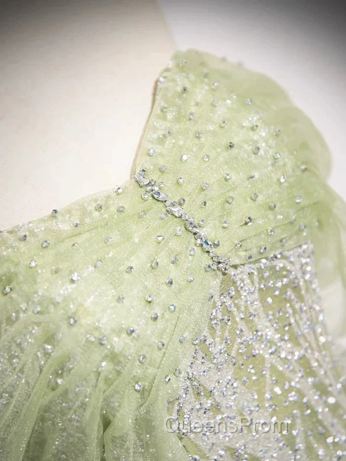 Sage A-Line Off The Shoulder Glittering Tulle Sequins Long Evening Prom Dress Sweet 16 Dress