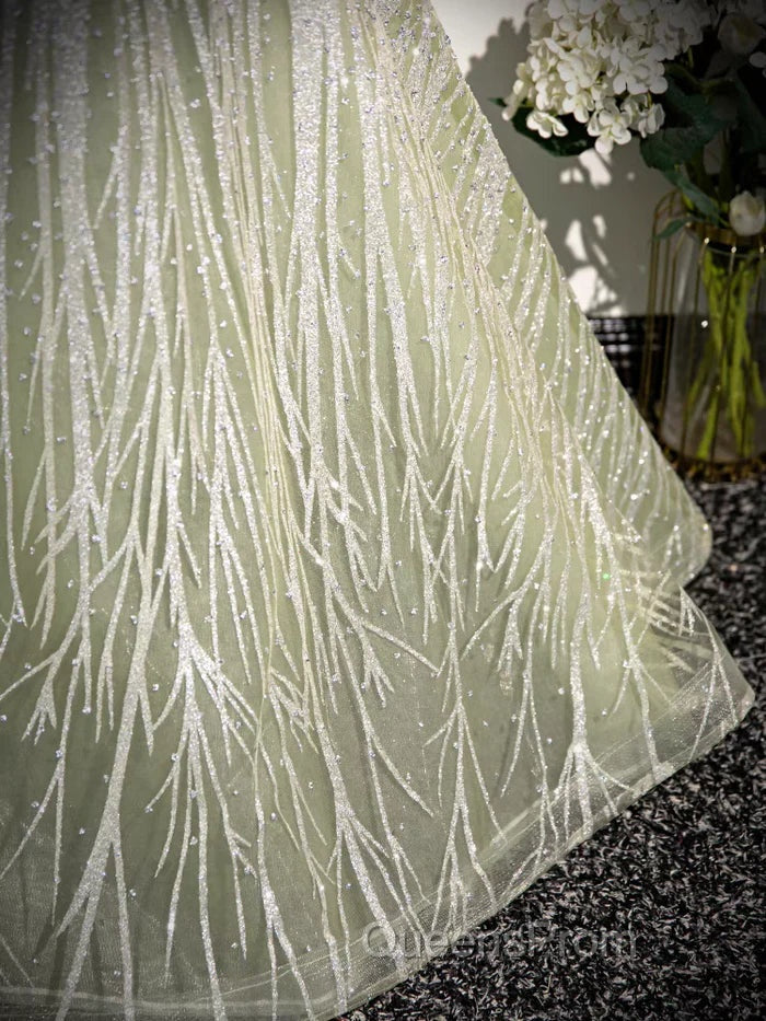 Sage A-Line Off The Shoulder Glittering Tulle Sequins Long Evening Prom Dress Sweet 16 Dress