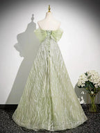 Sage A-Line Off The Shoulder Glittering Tulle Sequins Long Evening Prom Dress Sweet 16 Dress