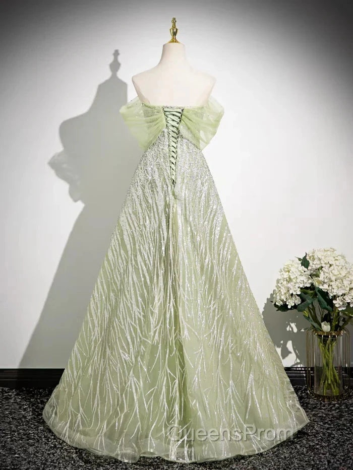 Sage A-Line Off The Shoulder Glittering Tulle Sequins Long Evening Prom Dress Sweet 16 Dress