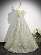 Sage A-Line Off The Shoulder Glittering Tulle Sequins Long Evening Prom Dress Sweet 16 Dress