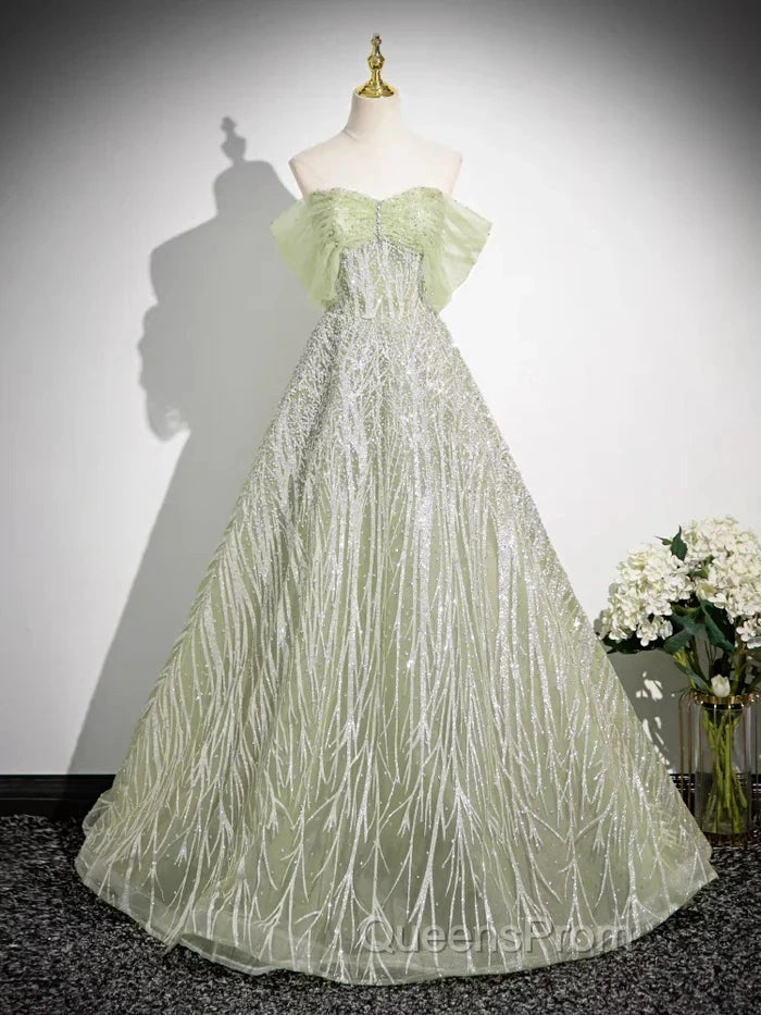 Sage A-Line Off The Shoulder Glittering Tulle Sequins Long Evening Prom Dress Sweet 16 Dress