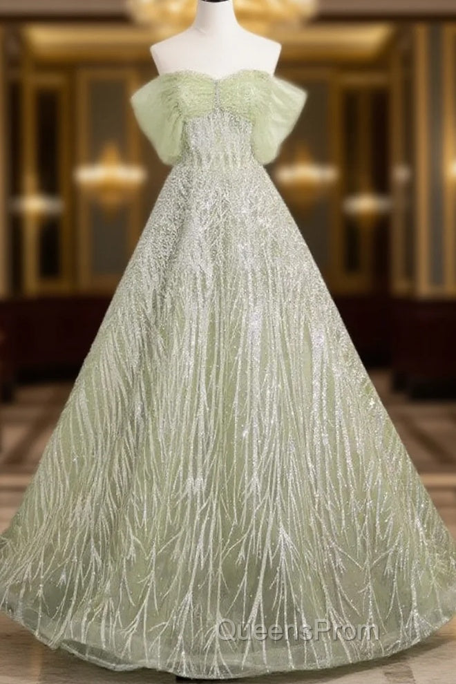 Sage A-Line Off The Shoulder Glittering Tulle Sequins Long Evening Prom Dress Sweet 16 Dress
