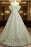 Sage A-Line Off The Shoulder Glittering Tulle Sequins Long Evening Prom Dress Sweet 16 Dress