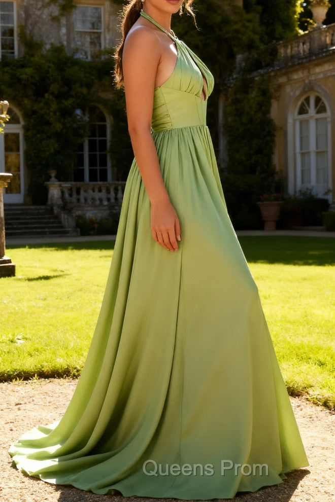 Sage Green A Line Satin Corset Keyhole Long Prom Dresss with Slit Secondary image