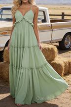 Sage Green A-line V Neck Sleeveless Floor-Length Chiffon Prom Dress Long Prom Dresses Backless with Pleated Ruffles