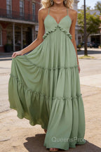 Sage Green A-line V Neck Sleeveless Floor-Length Chiffon Prom Dress Long Prom Dresses Backless with Pleated Ruffles