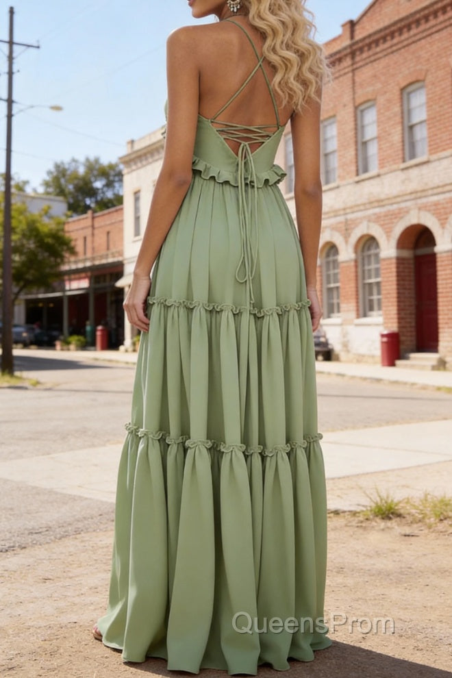 Sage Green A-line V Neck Sleeveless Floor-Length Chiffon Prom Dress Long Prom Dresses Backless with Pleated Ruffles
