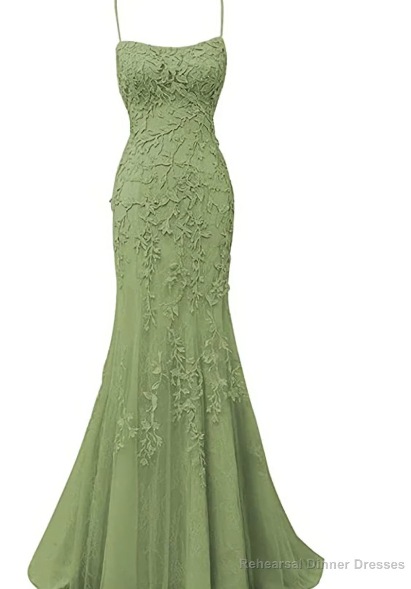 Sage Green Lace Appliques Long Prom Dress Mermaid Spaghetti Straps Evening Dresses Main image