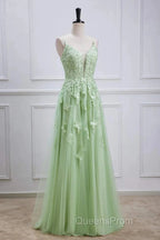 Sage Green Long Evening Prom Dress Lace Appliques V Neck Lace-Up