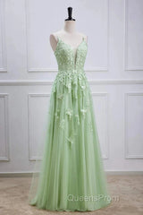 Sage Green Long Evening Prom Dress Lace Appliques V Neck Lace-Up