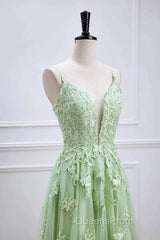 Sage Green Long Evening Prom Dress Lace Appliques V Neck Lace-Up