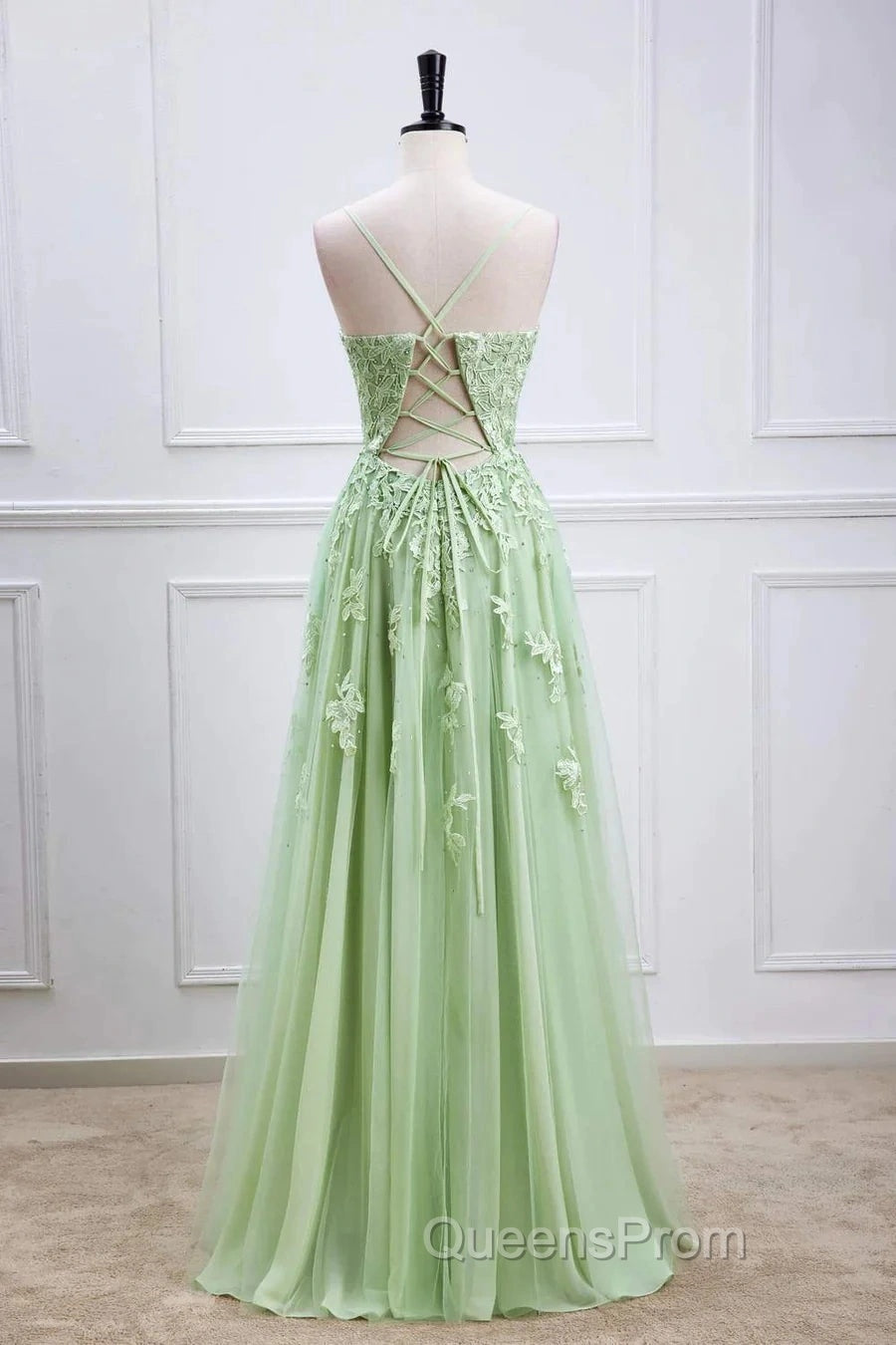 Sage Green Long Evening Prom Dress Lace Appliques V Neck Lace-Up