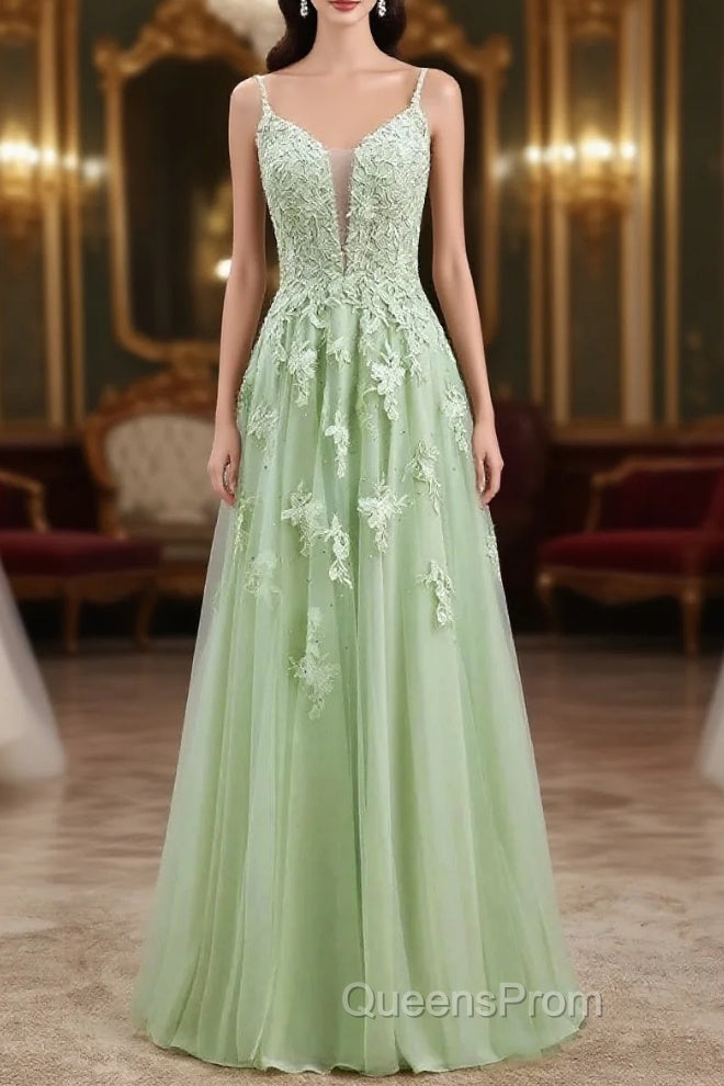 Sage Green Long Evening Prom Dress Lace Appliques V Neck Lace-Up Main image