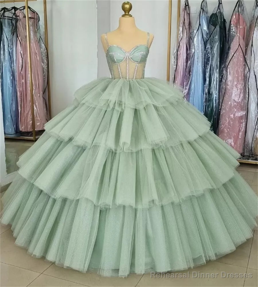 Sage Green  Luxury Tiered Tulle Ruffles Beaded Ball Gown Quinceanera Dress Main image