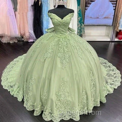 Sage Green Princess Quinceanera Dress Ball Gown Applique Off Shoulder Sweet 16 Evening Prom Dress