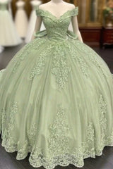 Sage Green Princess Quinceanera Dress Ball Gown Applique Off Shoulder Sweet 16 Evening Prom Dress