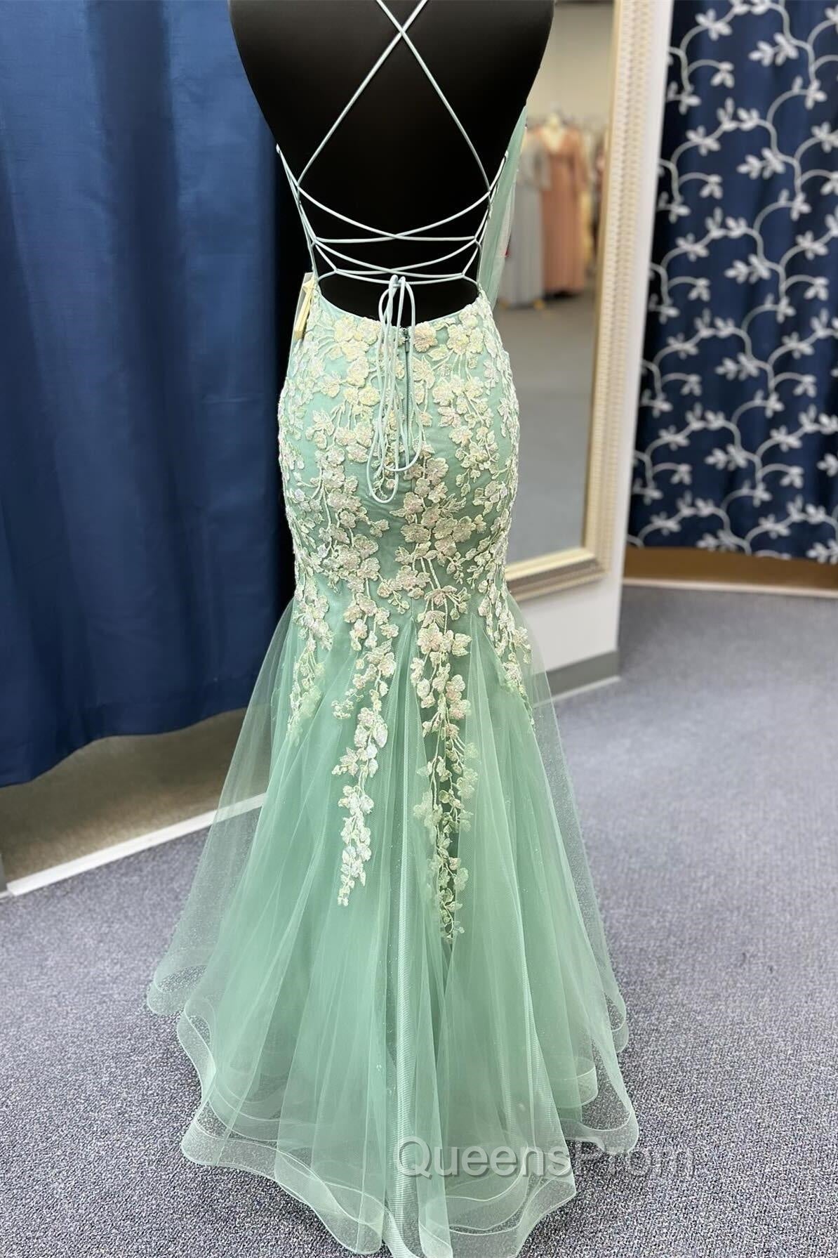 Sage Green Spaghetti Straps Mermaid Evening Prom Dress With Appliques Secondary image