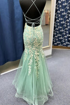 Sage Green Spaghetti Straps Mermaid Evening Prom Dress With Appliques