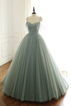 Sage Green Tulle Long Ball Gown With Spaghetti Straps, Sage Green Sweet 16 Dress Classy Prom Gown