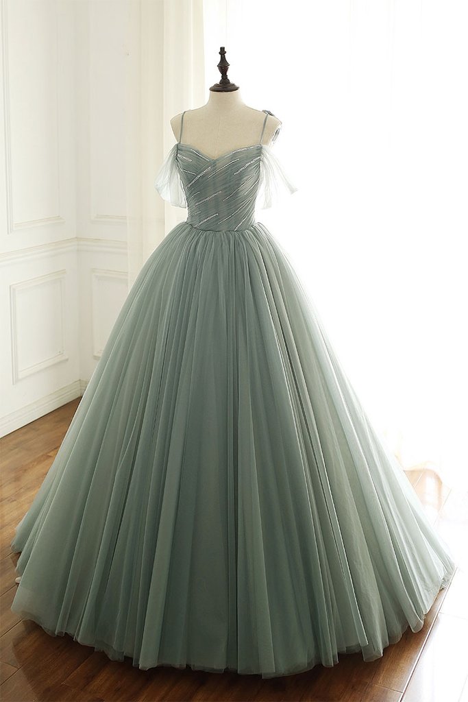 Sage Green Tulle Long Ball Gown With Spaghetti Straps, Sage Green Sweet 16 Dress Classy Prom Gown