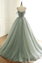 Sage Green Tulle Long Ball Gown With Spaghetti Straps, Sage Green Sweet 16 Dress Classy Prom Gown
