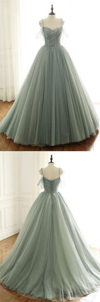 Sage Green Tulle Long Ball Gown With Spaghetti Straps, Sage Green Sweet 16 Dress Classy Prom Gown