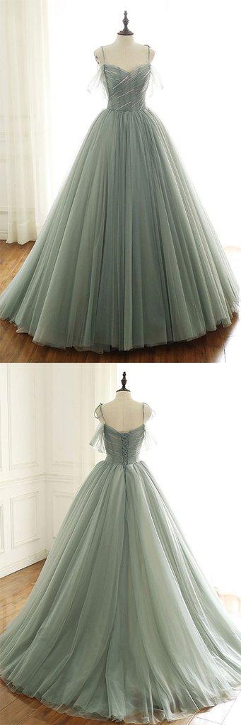 Sage Green Tulle Long Ball Gown With Spaghetti Straps, Sage Green Sweet 16 Dress Classy Prom Gown