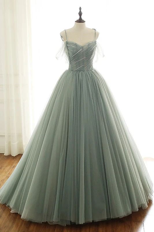 Sage Green Tulle Long Ball Gown With Spaghetti Straps, Sage Green Sweet 16 Dress Classy Prom Gown Main image