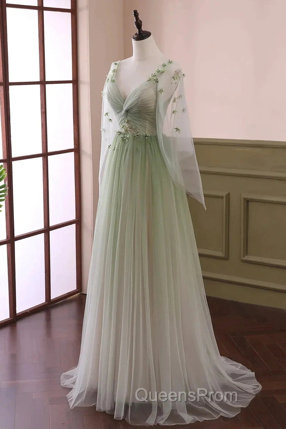 Sage Green Tulle Long Sleeve 3D Flower Evening Prom Dress