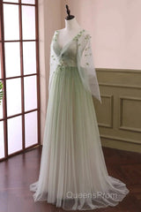 Sage Green Tulle Long Sleeve 3D Flower Evening Prom Dress