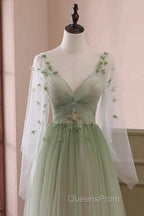 Sage Green Tulle Long Sleeve 3D Flower Evening Prom Dress