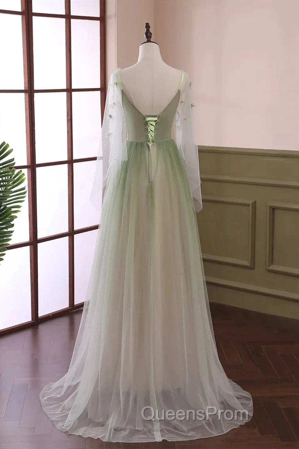 Sage Green Tulle Long Sleeve 3D Flower Evening Prom Dress