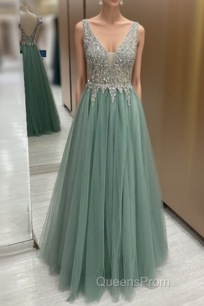Sage Green Tulle V Neck Beaded Dress Main image