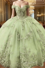 Sage Lace Off Shoulder 15 Ball Gown Dress