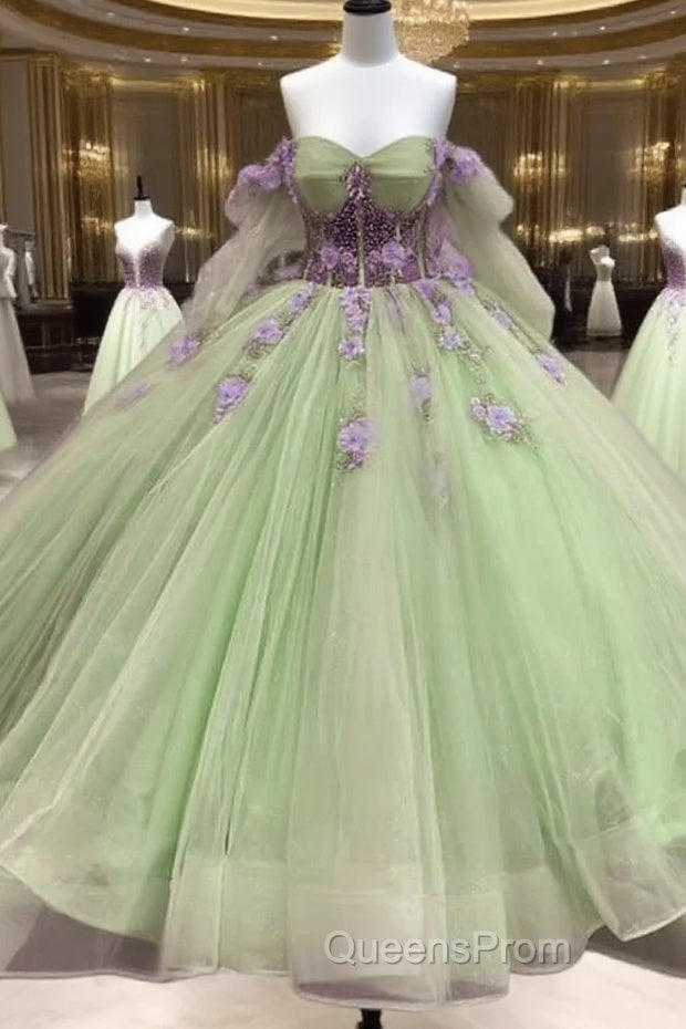 Sage Long Sleeve Ball Gown Dress With Purple Flowers Main image