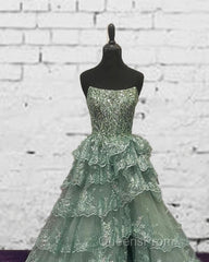 Sage Tiered Lace Strapless Dress