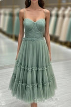 Sage Tiered Tulle Tea Length Corset Dress