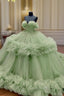 Sage Tulle Ruffless Ball Gown Appliques Dress